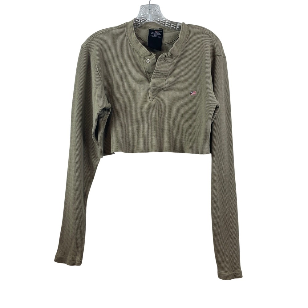Polo Jeans Co Ralph Lauren Cropped Thermal‎ Henley Tan Waffle Knit Large L
